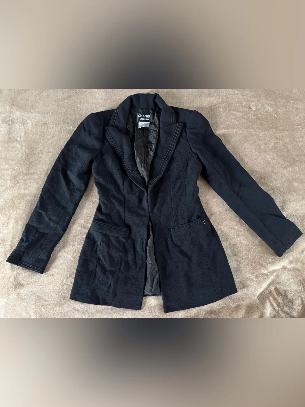 CHANEL Uniform Black Wool Blend Blazer Jacket France CC Logo Size 36 US 4